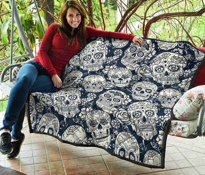 White Floral Sugar Skull Pattern Print Quilt