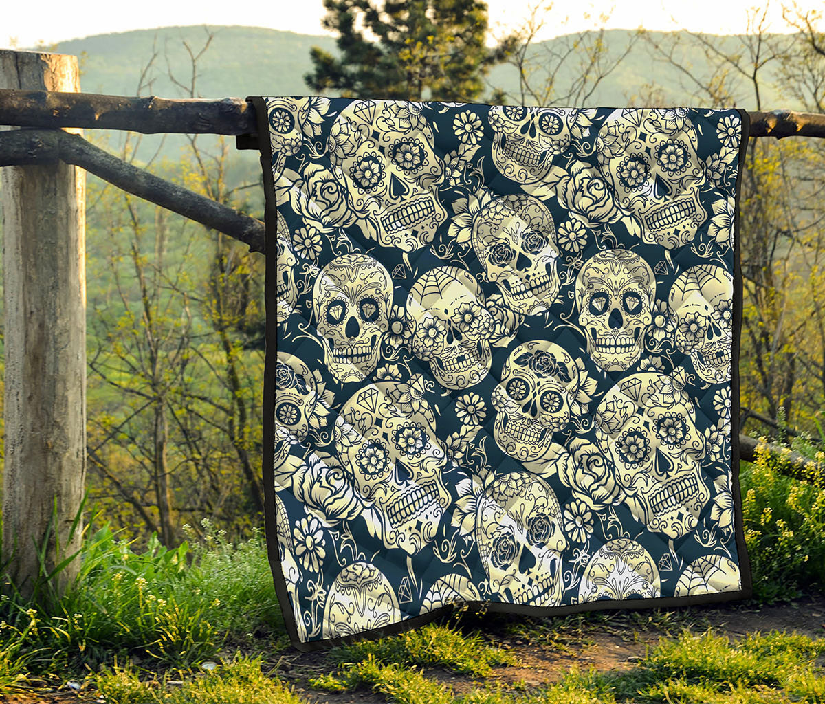 White Floral Sugar Skull Pattern Print Quilt