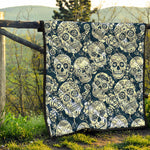 White Floral Sugar Skull Pattern Print Quilt