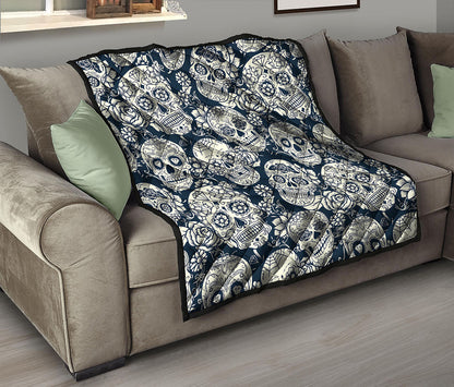 White Floral Sugar Skull Pattern Print Quilt