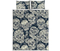 White Floral Sugar Skull Pattern Print Quilt Bed Set
