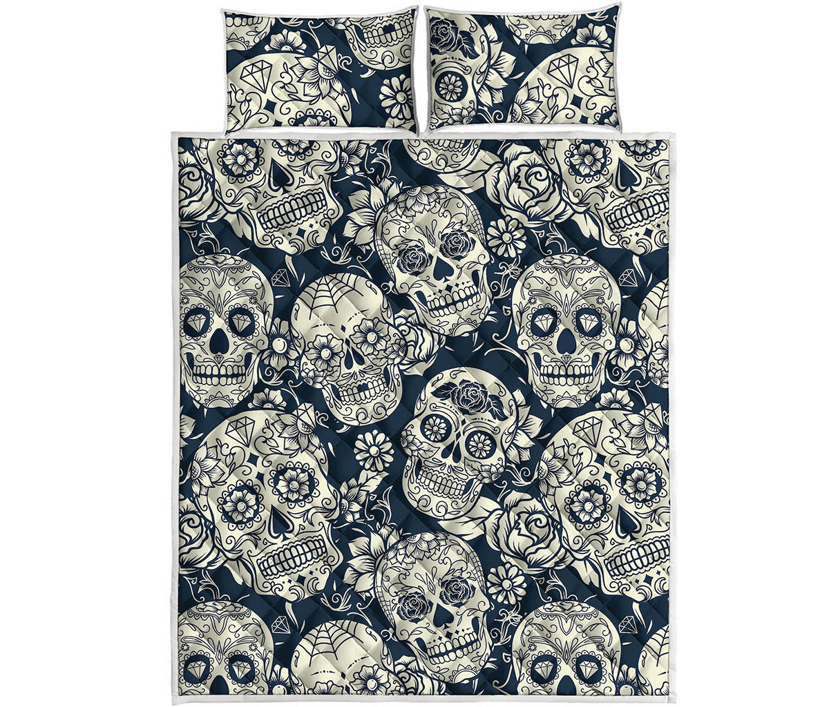 White Floral Sugar Skull Pattern Print Quilt Bed Set