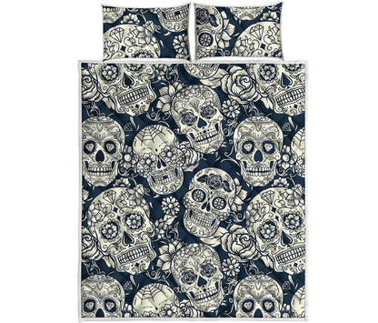 White Floral Sugar Skull Pattern Print Quilt Bed Set