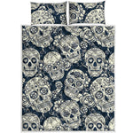 White Floral Sugar Skull Pattern Print Quilt Bed Set