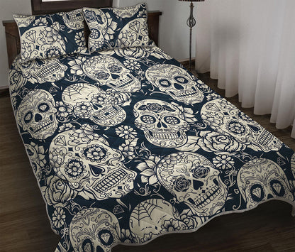 White Floral Sugar Skull Pattern Print Quilt Bed Set