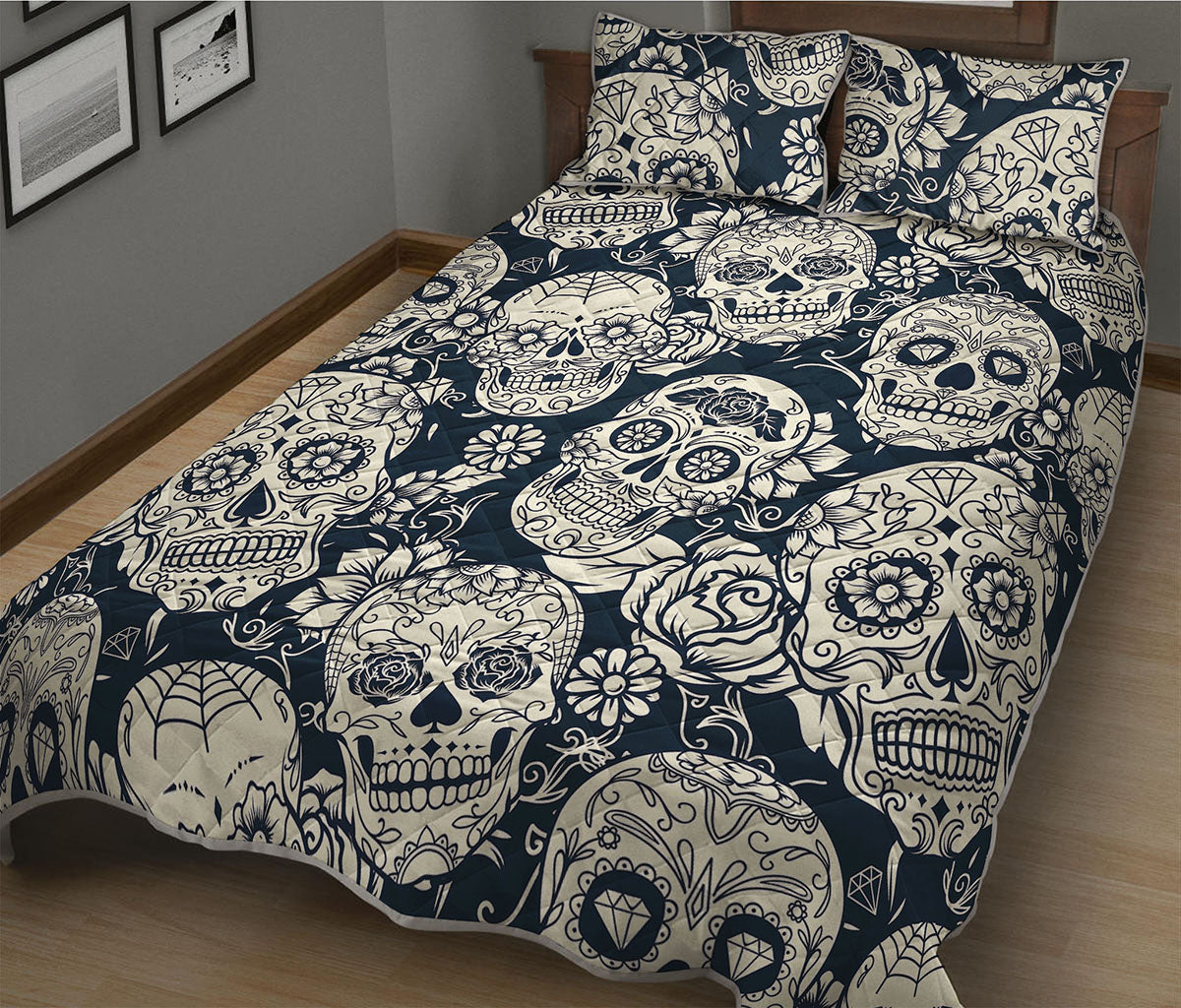 White Floral Sugar Skull Pattern Print Quilt Bed Set