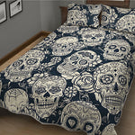 White Floral Sugar Skull Pattern Print Quilt Bed Set