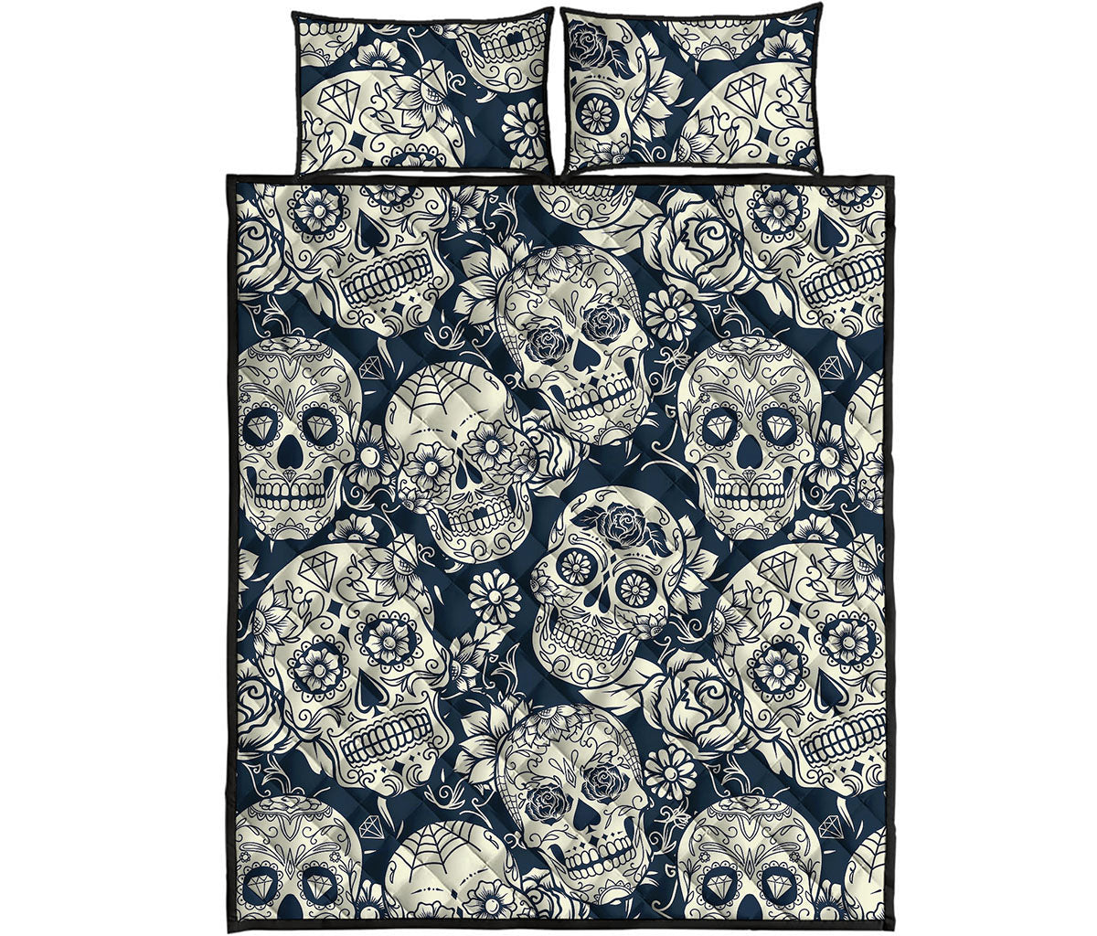 White Floral Sugar Skull Pattern Print Quilt Bed Set