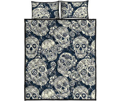 White Floral Sugar Skull Pattern Print Quilt Bed Set