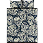 White Floral Sugar Skull Pattern Print Quilt Bed Set