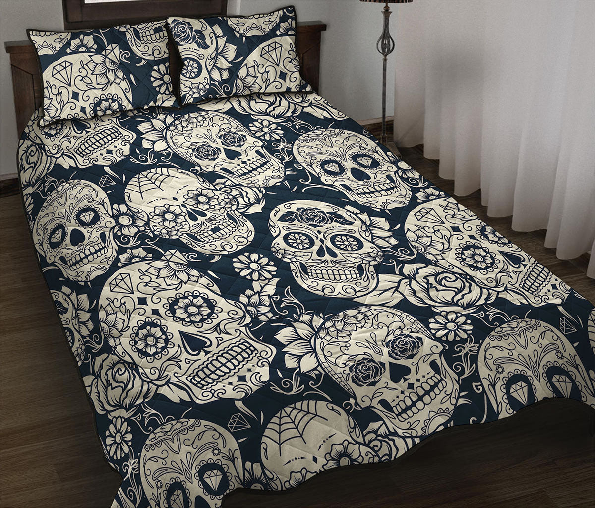 White Floral Sugar Skull Pattern Print Quilt Bed Set