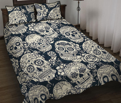 White Floral Sugar Skull Pattern Print Quilt Bed Set
