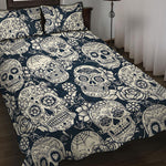 White Floral Sugar Skull Pattern Print Quilt Bed Set