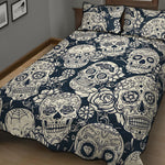 White Floral Sugar Skull Pattern Print Quilt Bed Set