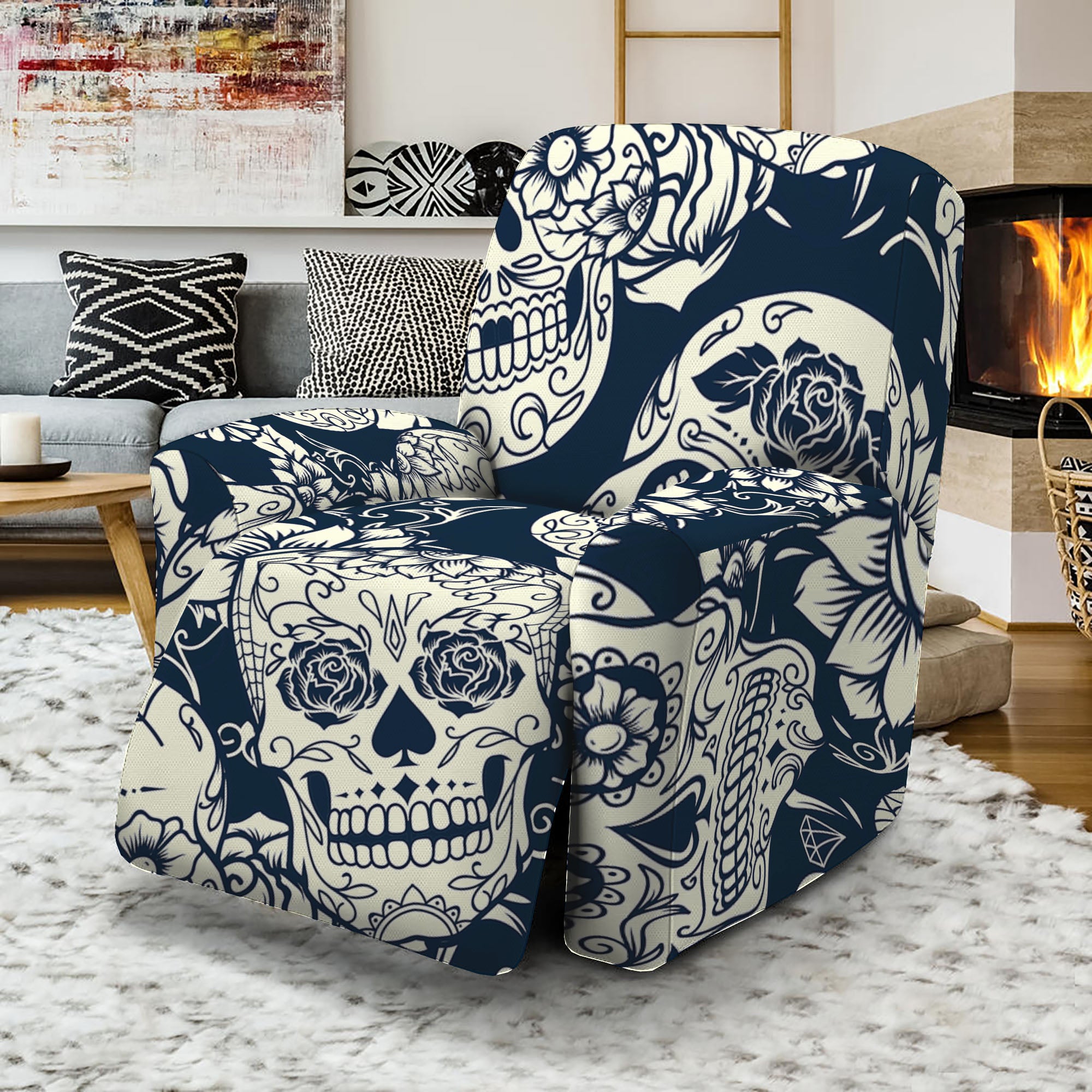 White Floral Sugar Skull Pattern Print Recliner Slipcover