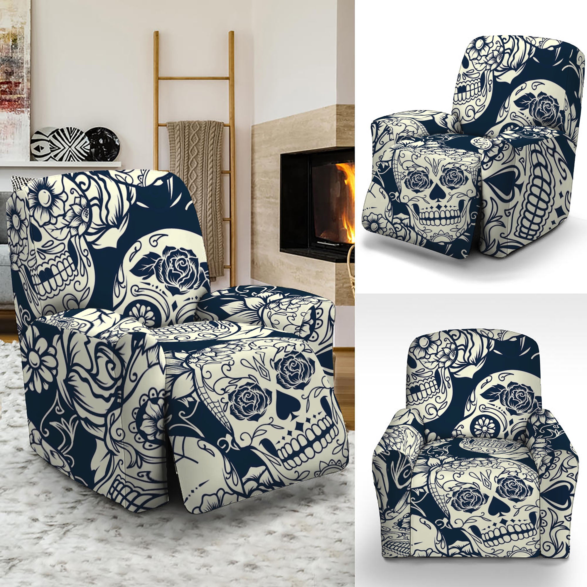 White Floral Sugar Skull Pattern Print Recliner Slipcover