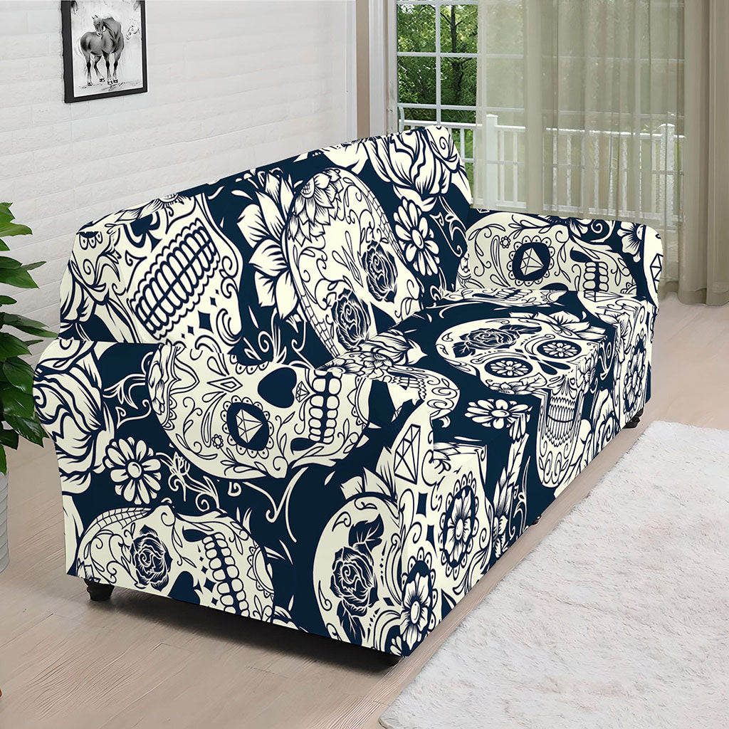 White Floral Sugar Skull Pattern Print Sofa Cover