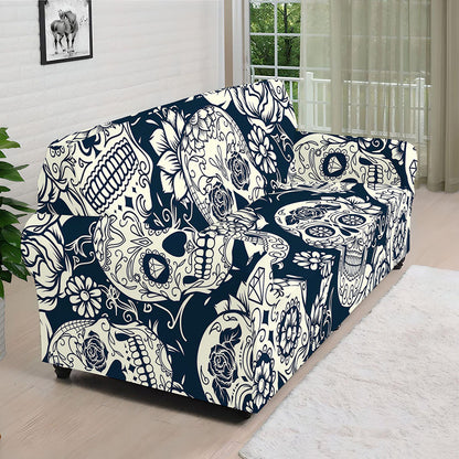 White Floral Sugar Skull Pattern Print Sofa Cover