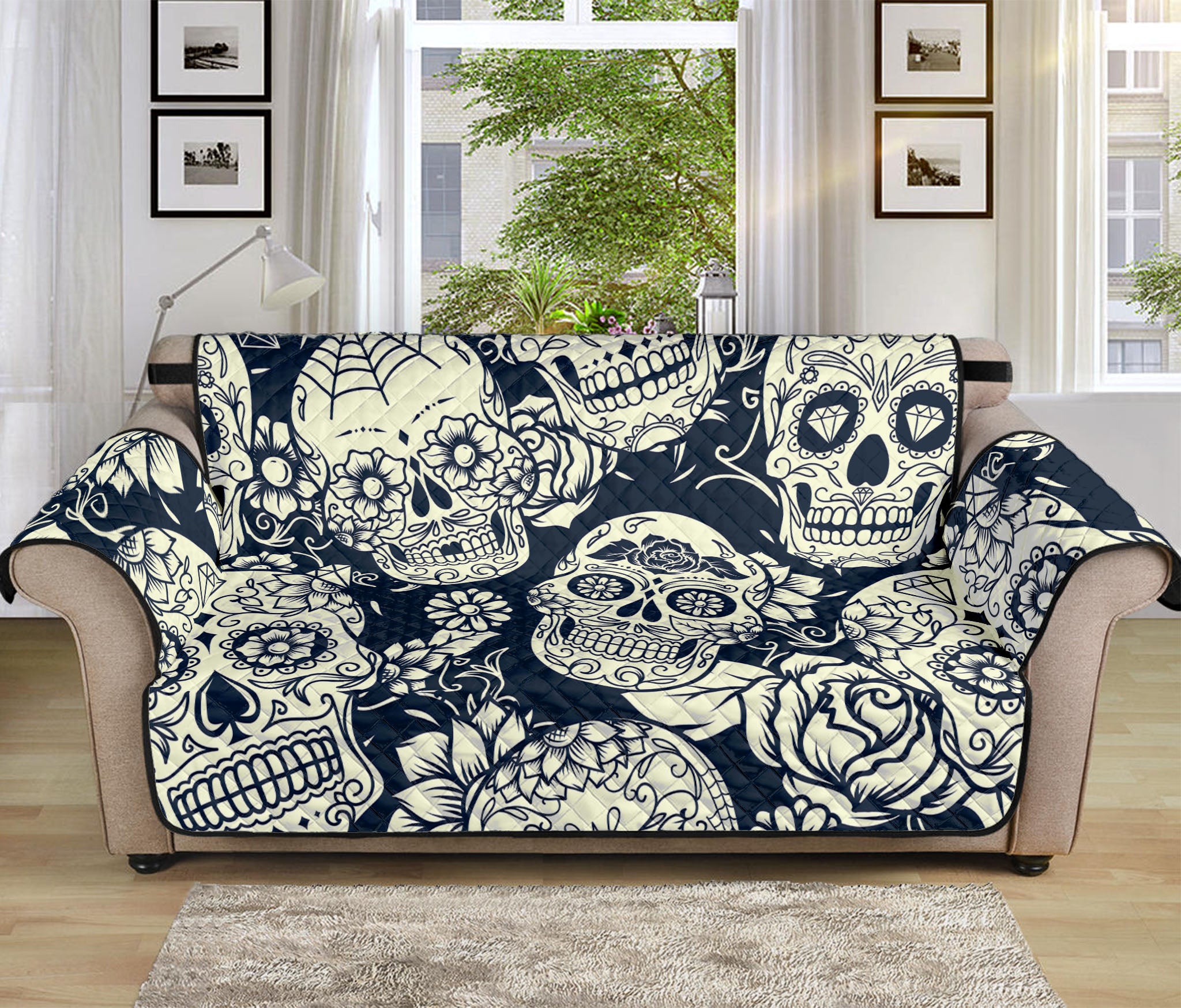 White Floral Sugar Skull Pattern Print Sofa Protector