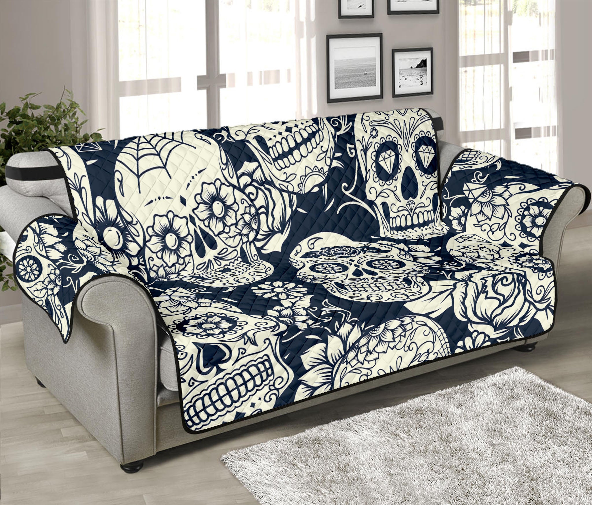 White Floral Sugar Skull Pattern Print Sofa Protector