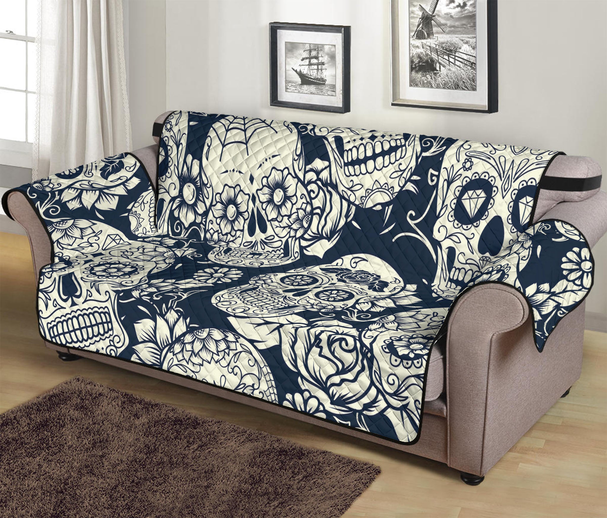 White Floral Sugar Skull Pattern Print Sofa Protector