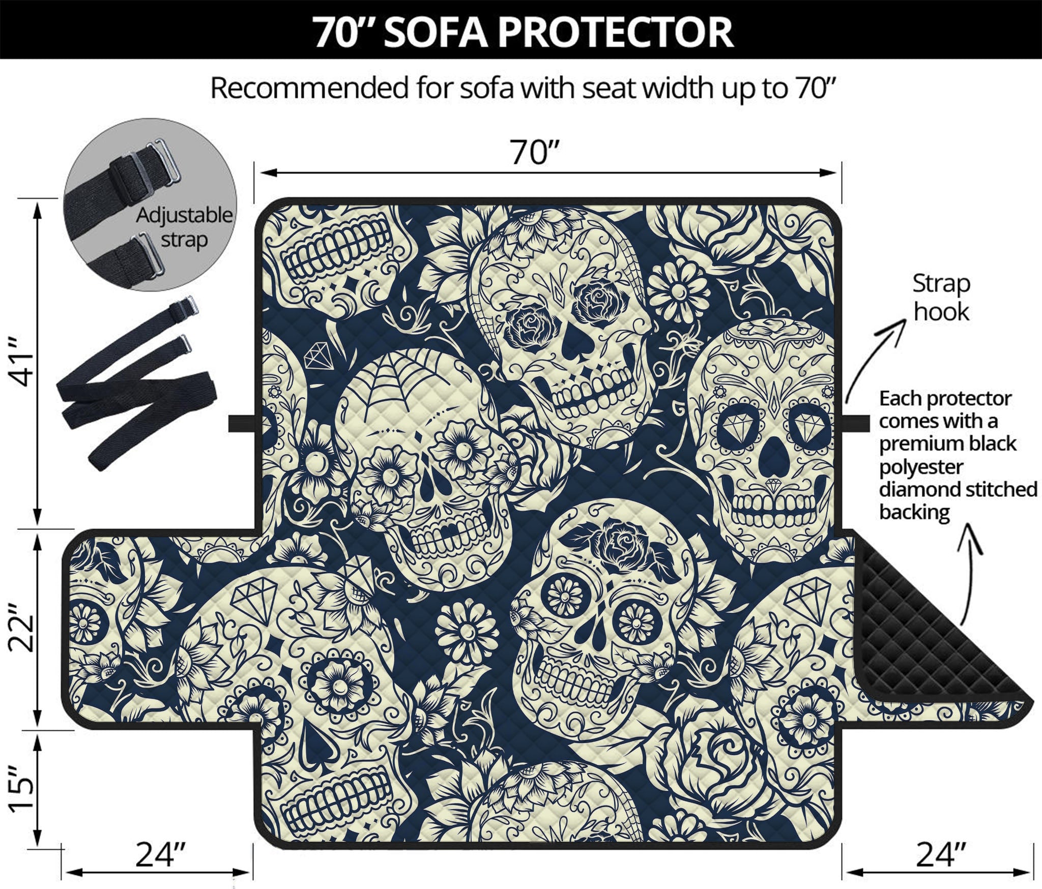 White Floral Sugar Skull Pattern Print Sofa Protector