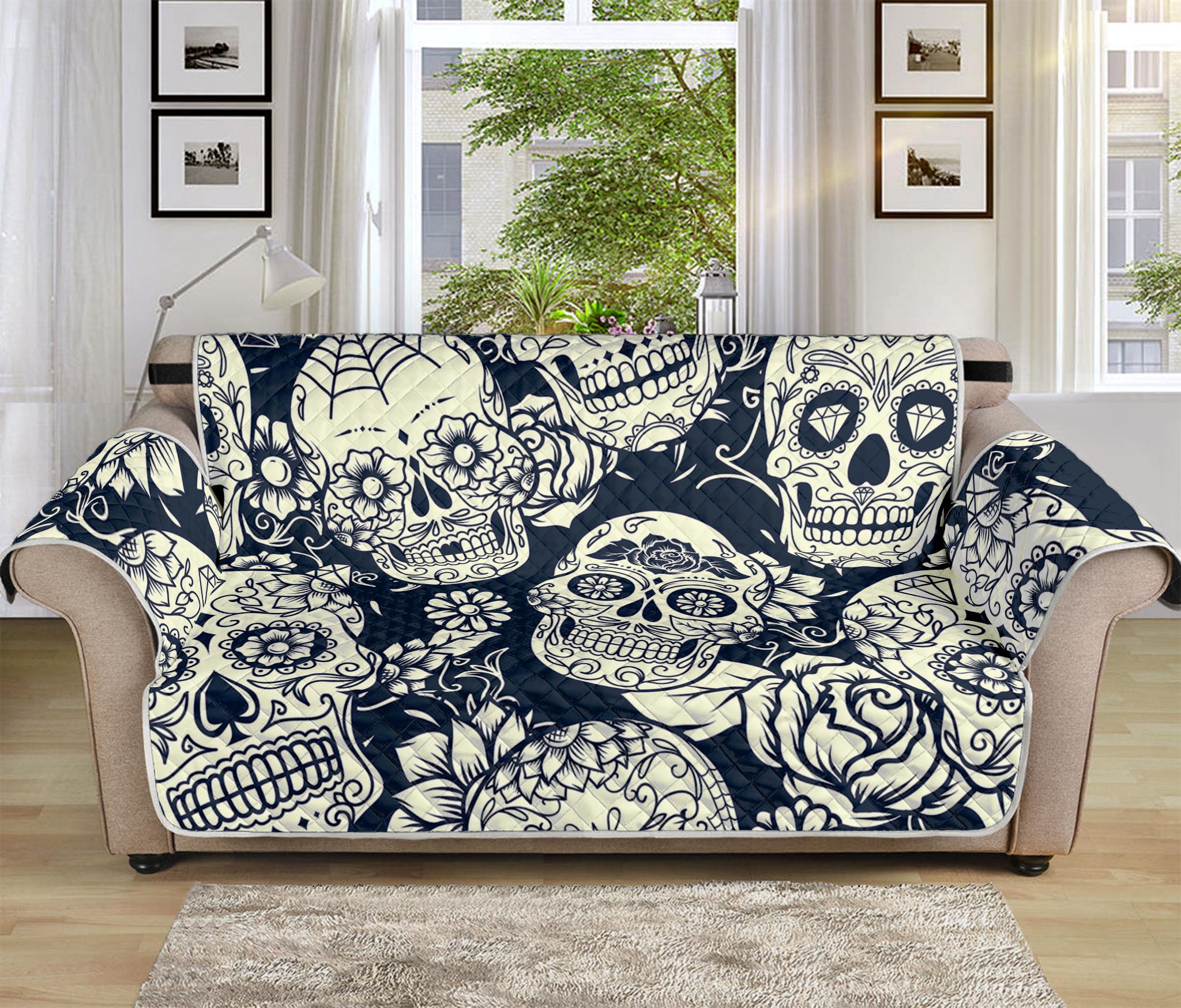 White Floral Sugar Skull Pattern Print Sofa Protector