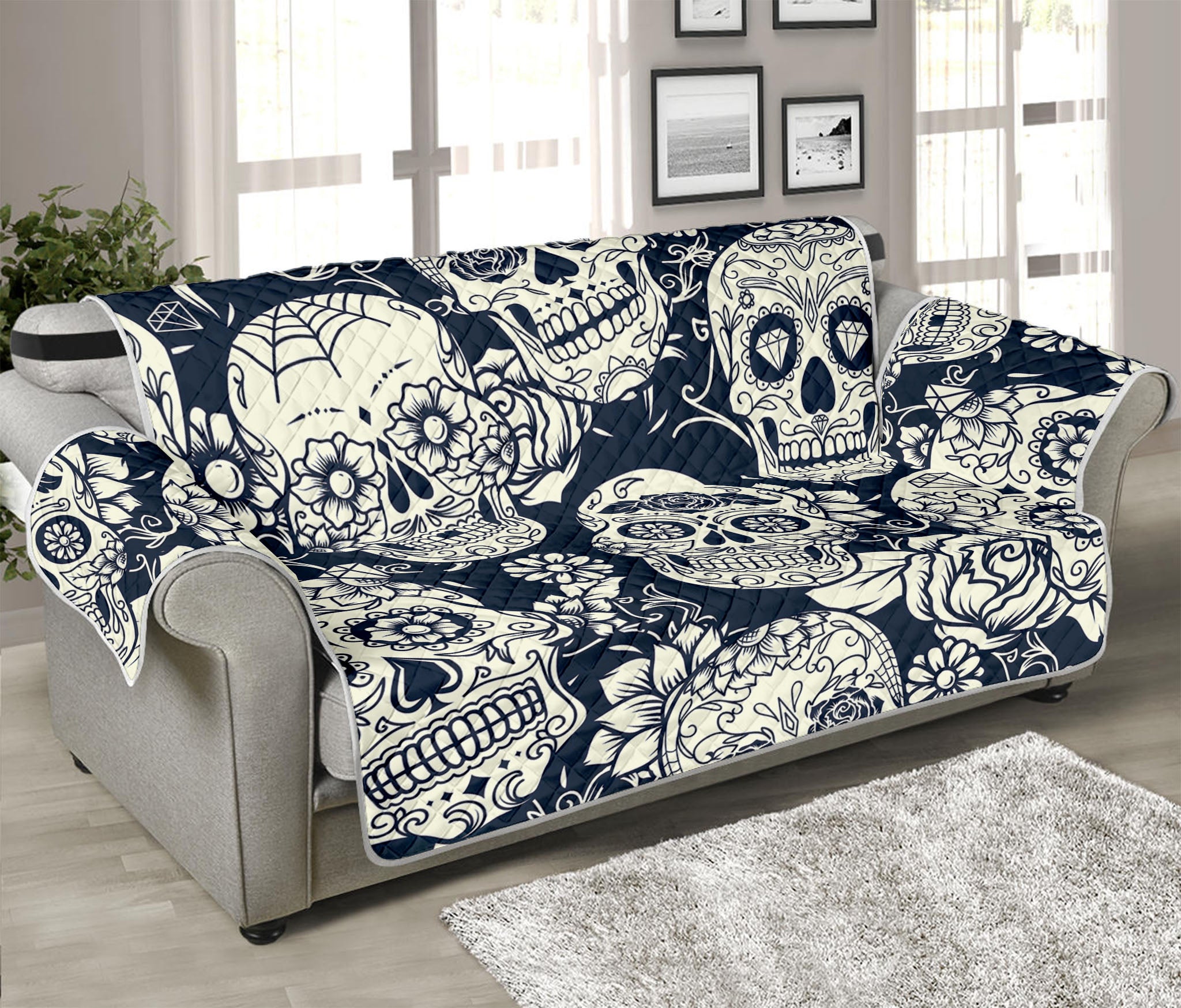 White Floral Sugar Skull Pattern Print Sofa Protector