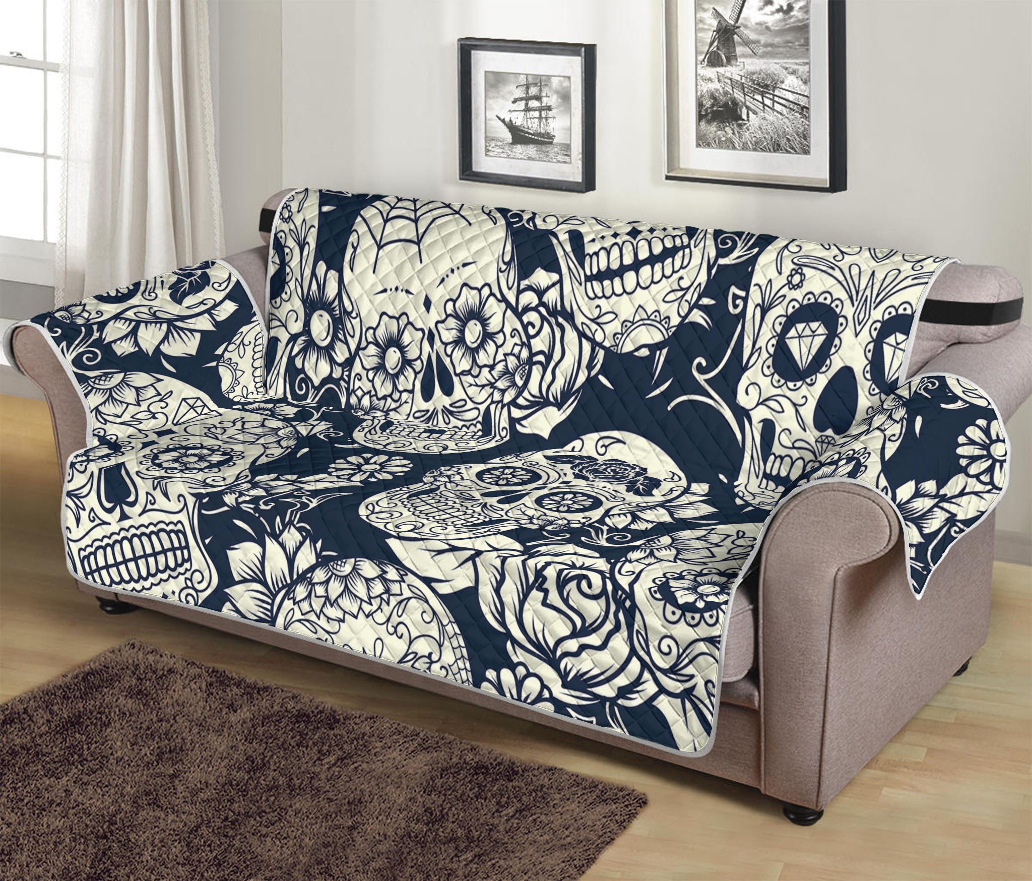 White Floral Sugar Skull Pattern Print Sofa Protector