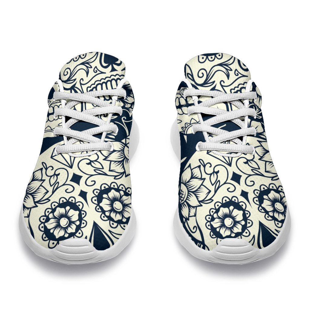 White Floral Sugar Skull Pattern Print Sport Shoes GearFrost