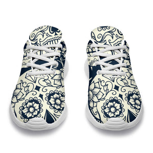 White Floral Sugar Skull Pattern Print Sport Shoes GearFrost