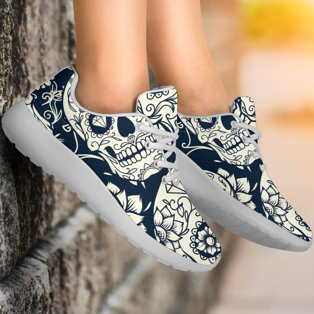 White Floral Sugar Skull Pattern Print Sport Shoes GearFrost