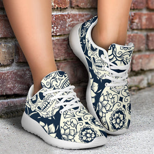 White Floral Sugar Skull Pattern Print Sport Shoes GearFrost