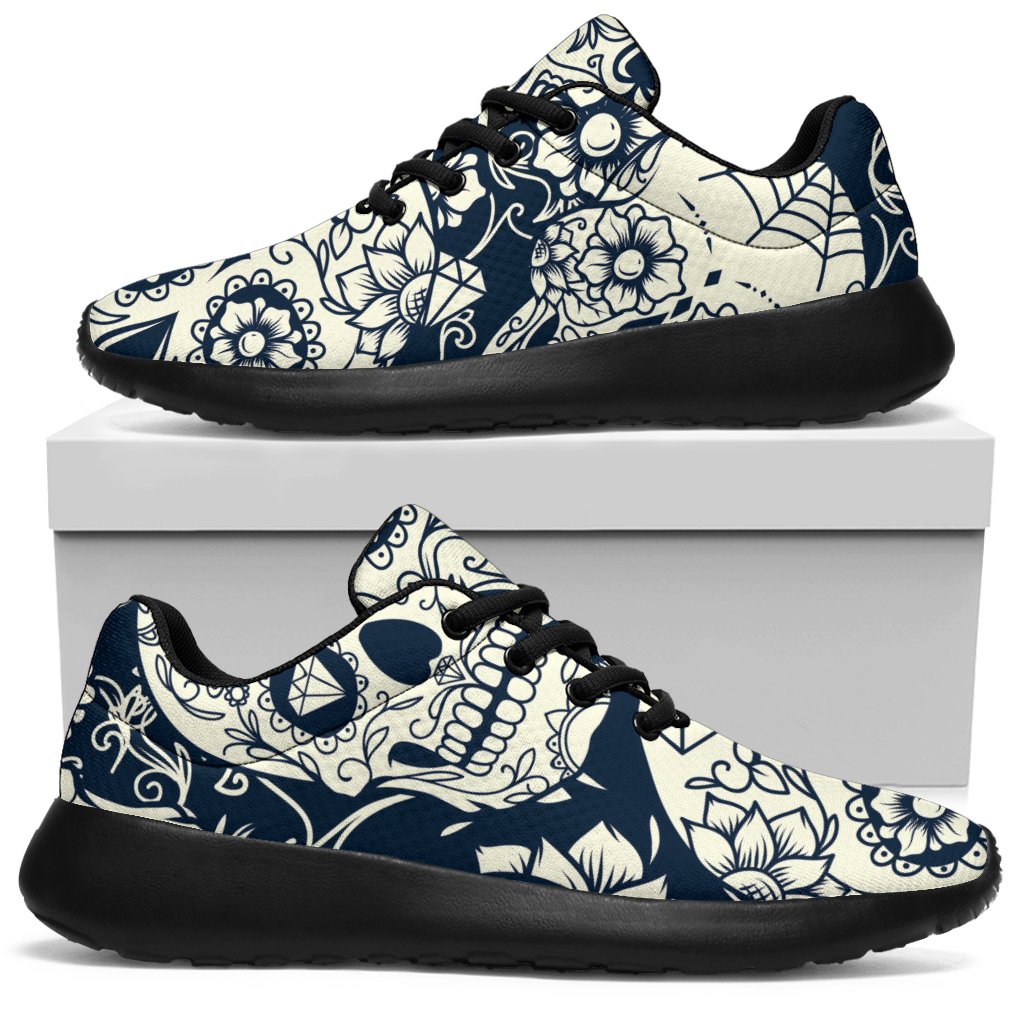 White Floral Sugar Skull Pattern Print Sport Shoes GearFrost