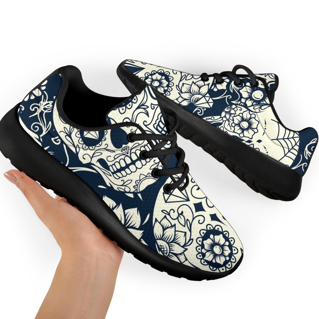 White Floral Sugar Skull Pattern Print Sport Shoes GearFrost