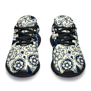 White Floral Sugar Skull Pattern Print Sport Shoes GearFrost