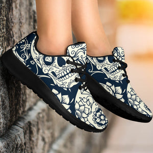 White Floral Sugar Skull Pattern Print Sport Shoes GearFrost