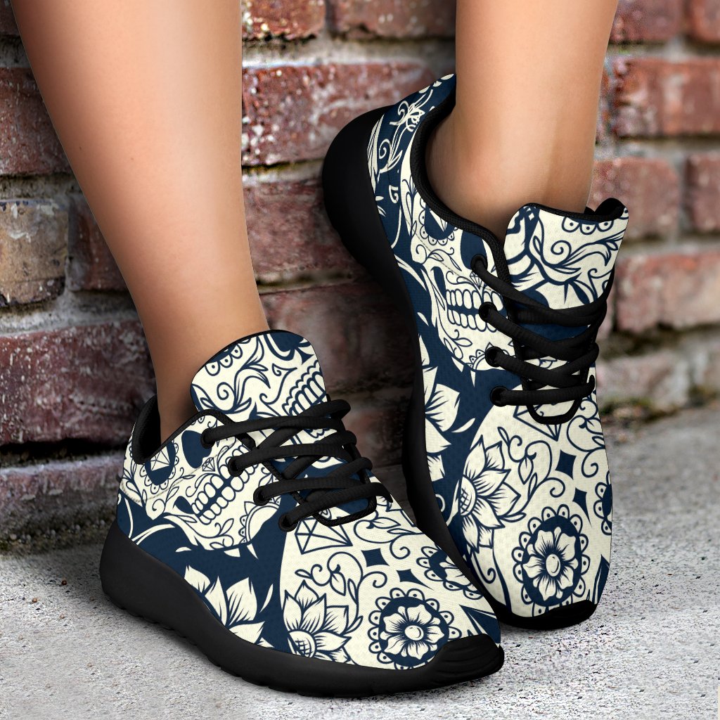 White Floral Sugar Skull Pattern Print Sport Shoes GearFrost