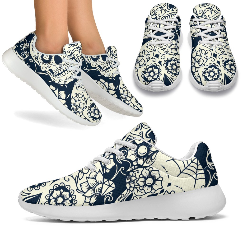 White Floral Sugar Skull Pattern Print Sport Shoes GearFrost