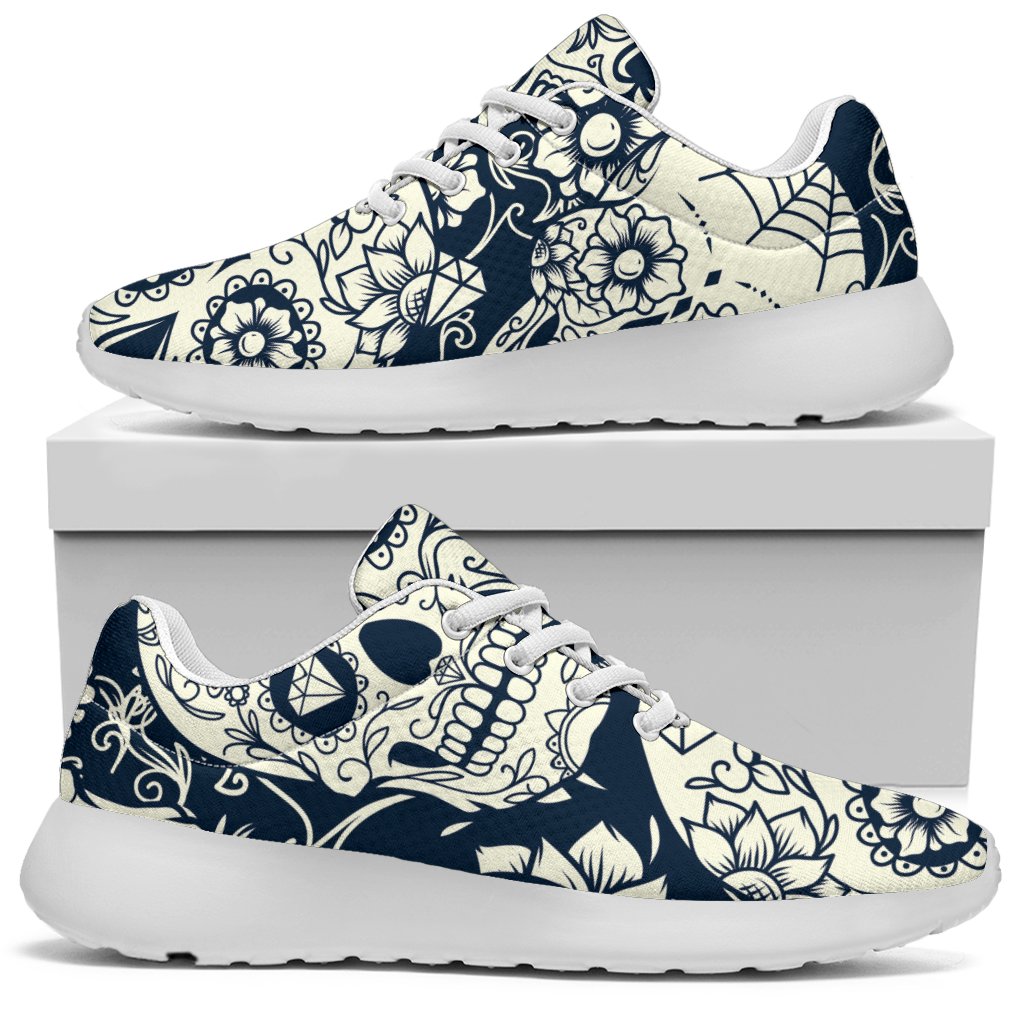 White Floral Sugar Skull Pattern Print Sport Shoes GearFrost