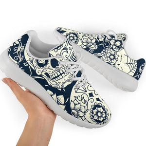 White Floral Sugar Skull Pattern Print Sport Shoes GearFrost