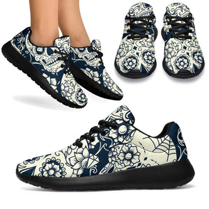 White Floral Sugar Skull Pattern Print Sport Shoes GearFrost