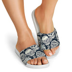 White Floral Sugar Skull Pattern Print White Slide Sandals