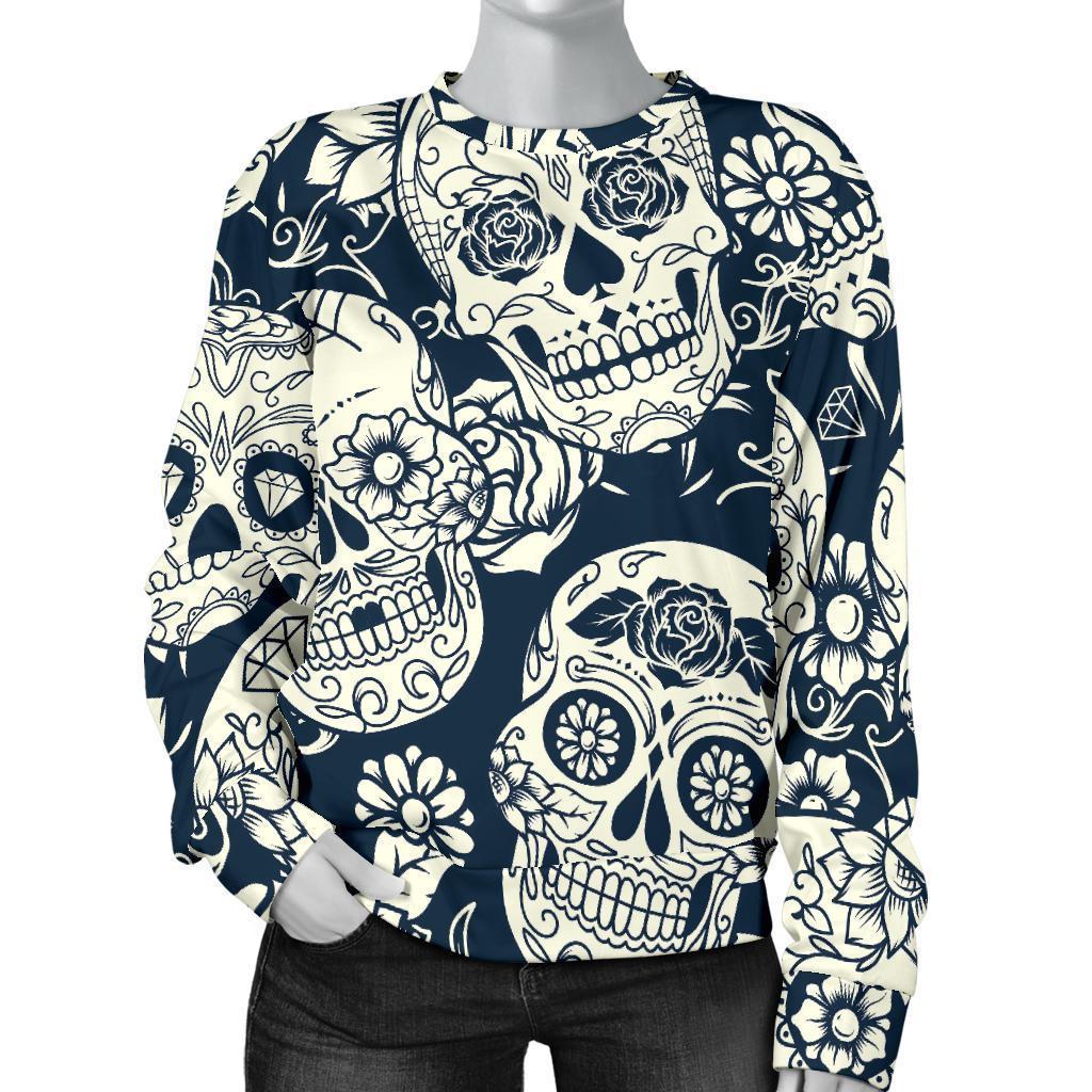White Floral Sugar Skull Pattern Print Women's Crewneck Sweatshirt GearFrost