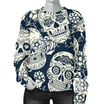 White Floral Sugar Skull Pattern Print Women's Crewneck Sweatshirt GearFrost
