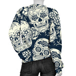 White Floral Sugar Skull Pattern Print Women's Crewneck Sweatshirt GearFrost