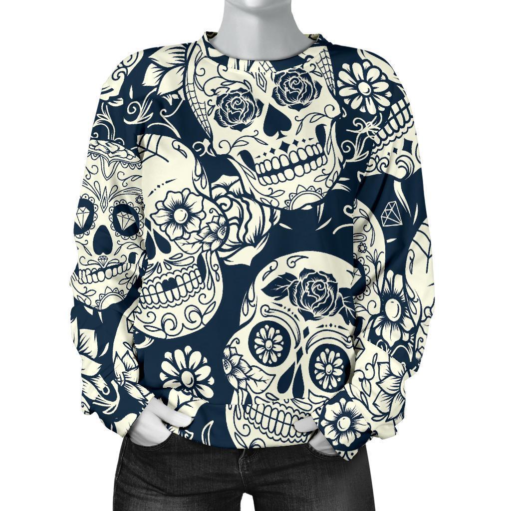 White Floral Sugar Skull Pattern Print Women's Crewneck Sweatshirt GearFrost