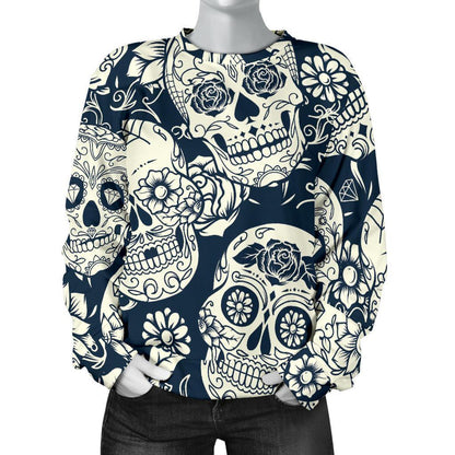 White Floral Sugar Skull Pattern Print Women's Crewneck Sweatshirt GearFrost