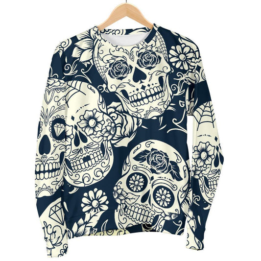 White Floral Sugar Skull Pattern Print Women's Crewneck Sweatshirt GearFrost