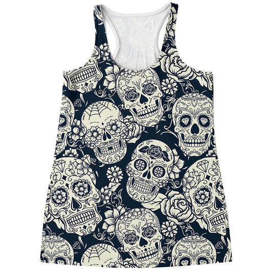 White Floral Sugar Skull Pattern Print Women's Racerback Tank Top